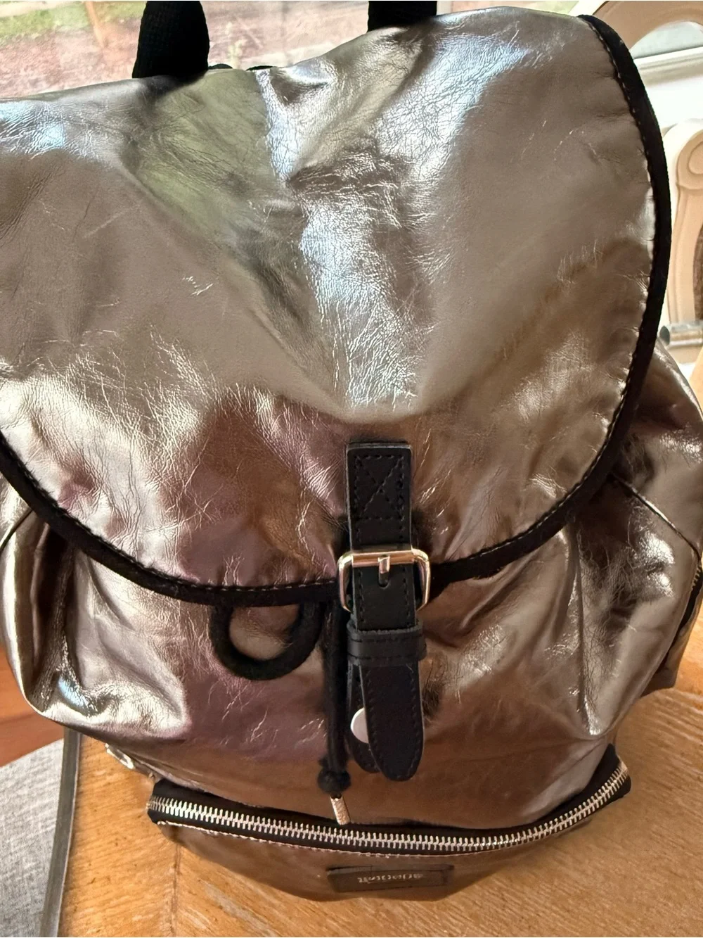 PINK Victoria's Secret Metallic Pewter Backpack with Black Trim